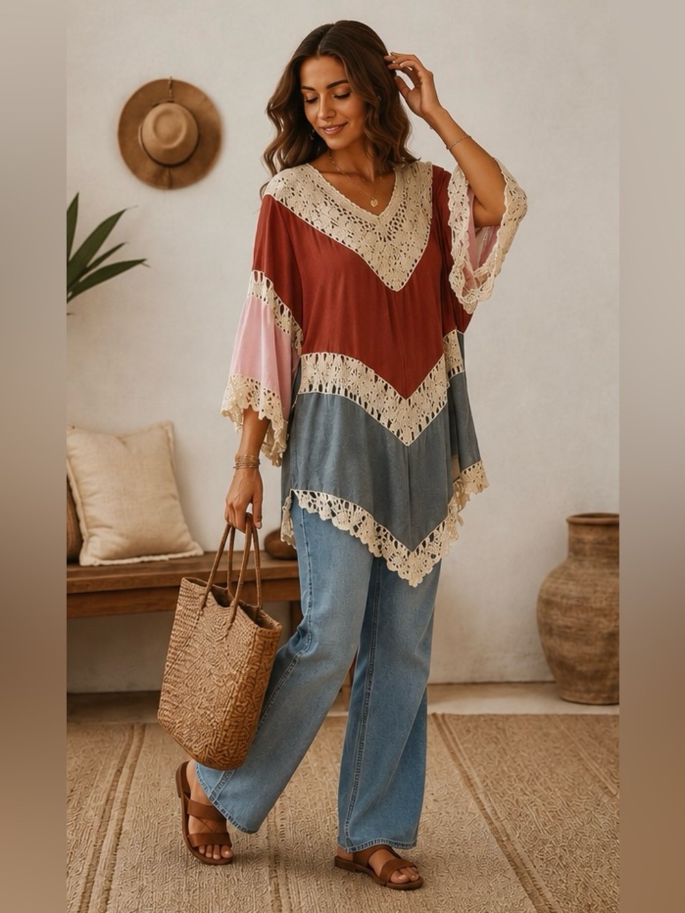 Boho Crochet Trim Colorblock Tunic Coverup Festival Top